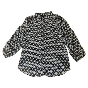 AB Studio Blouse Shirt Womens Large 3/4 Sleeve Black White Pattern Lightweight